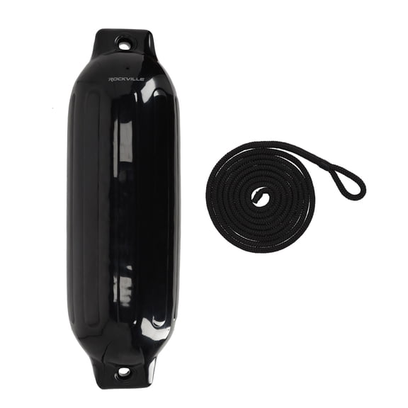 Rockville FEN185-BLACK 8.5in x 27in Boat Fender with 10ft Line, Marine Bumper, UV-Resistant PVC, Double Eyelets, Black, 25-40ft Boats