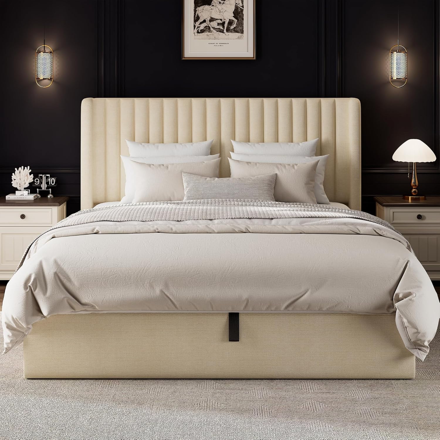 iPormis Full Size Bed Frame with Lift up Storage & Wingback Headboard, Upholstered Linen Bed Frame with Storage, Hydraulic Storage,Beige