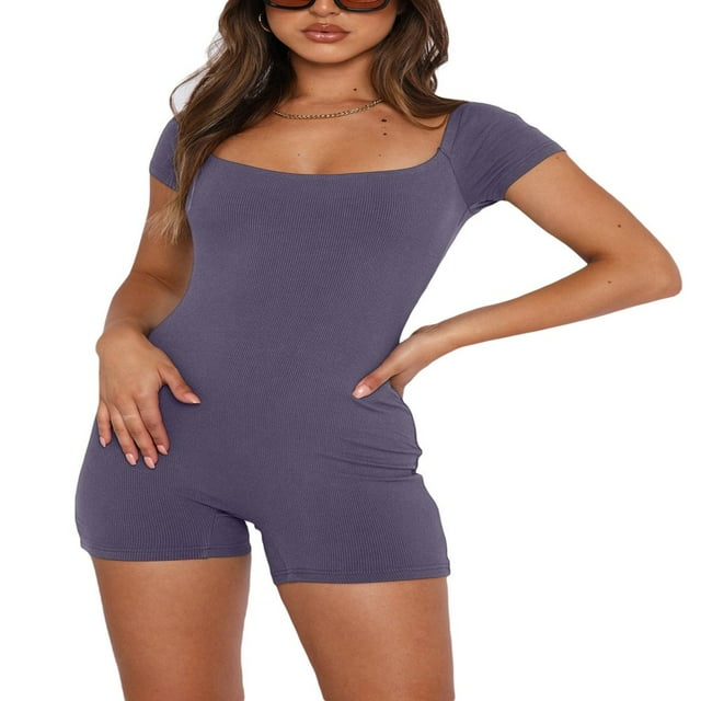 Women‘s Sexy Ribbed Bodycon Short Jumpsuit Short Sleeve Square Neck Solid Color Buttons Overalls Playsuit One Piece Rompers