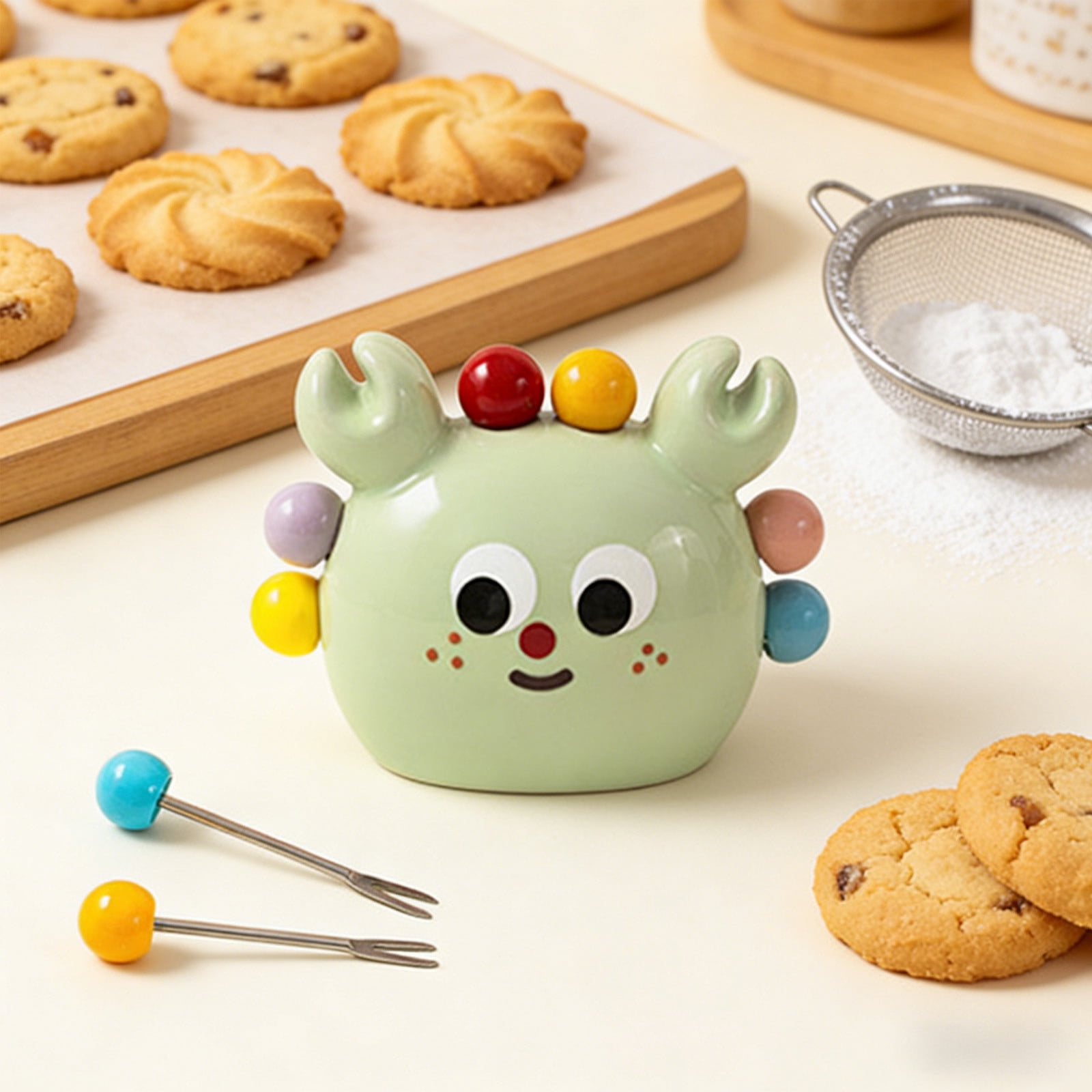 Fruit Fork Holder Set With Picks Decorative Storage Jar, Cute Crab Design Tabletop Organizer Easy Access Durable Display Stand, for Desserts Snacks Dining Table Home Kitchen and Party