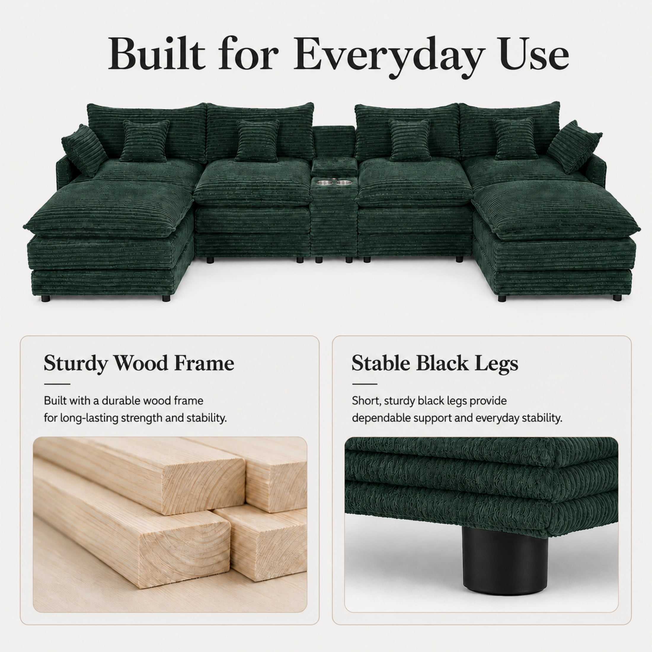 Aenkyo 141-Inch U-Shaped Corduroy Cloud Sectional Sofa with Console, Green