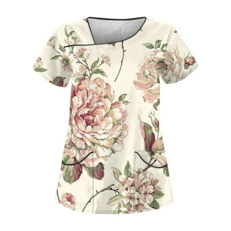 

EHTMSAK Scrubs Tops 3xi Clearance with Pocket Floral Nurses Uniform Workwear Tunic Casual Short Sleeve V-Neck Clinic Blouse Carer Top on Clearance Yellow S