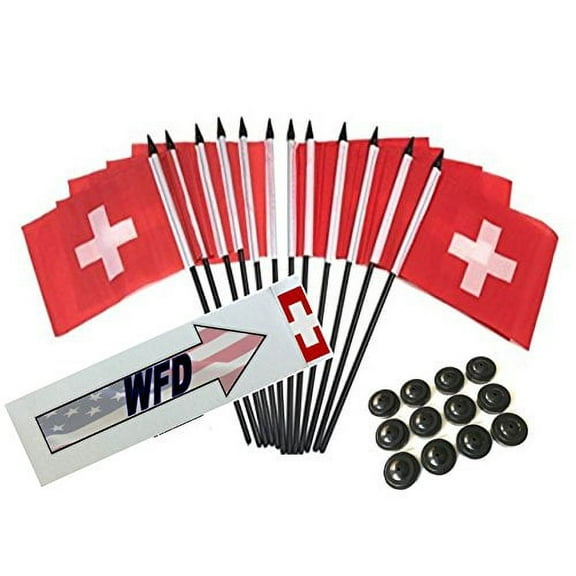 Box of 12 Switzerland 4"x6" Polyester Miniature Office Desk & Little Table Flags, 4x6 Swiss Small Mini Hand Waving Stick Flags with 12 Flag Bases (Stands)