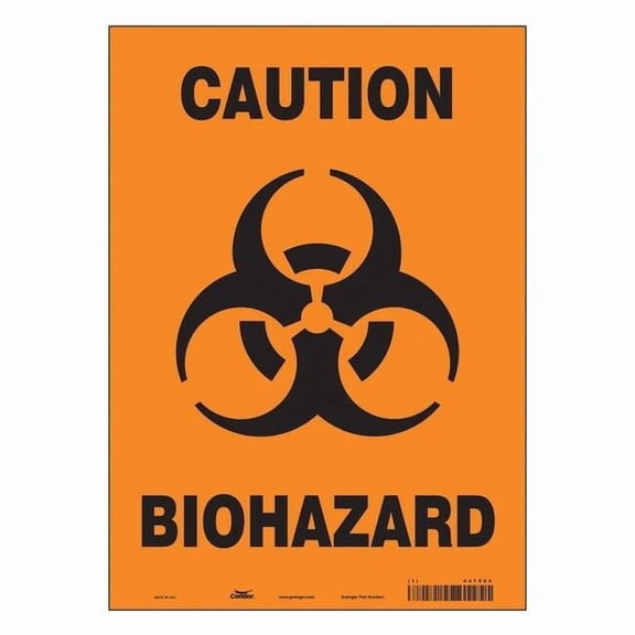 Biohazard Sign, 14 in H, 10 in W, Vinyl, Vertical Rectangle, English, 447X05