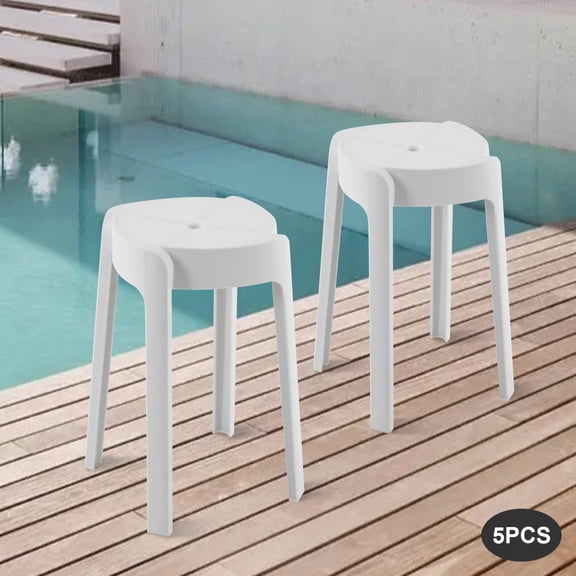Indoor Outdoor Modern Minimalist Kitchen Bar Chairs 5Pcs Plastic Stools Stackable Seat 18'' H White L-Shaped