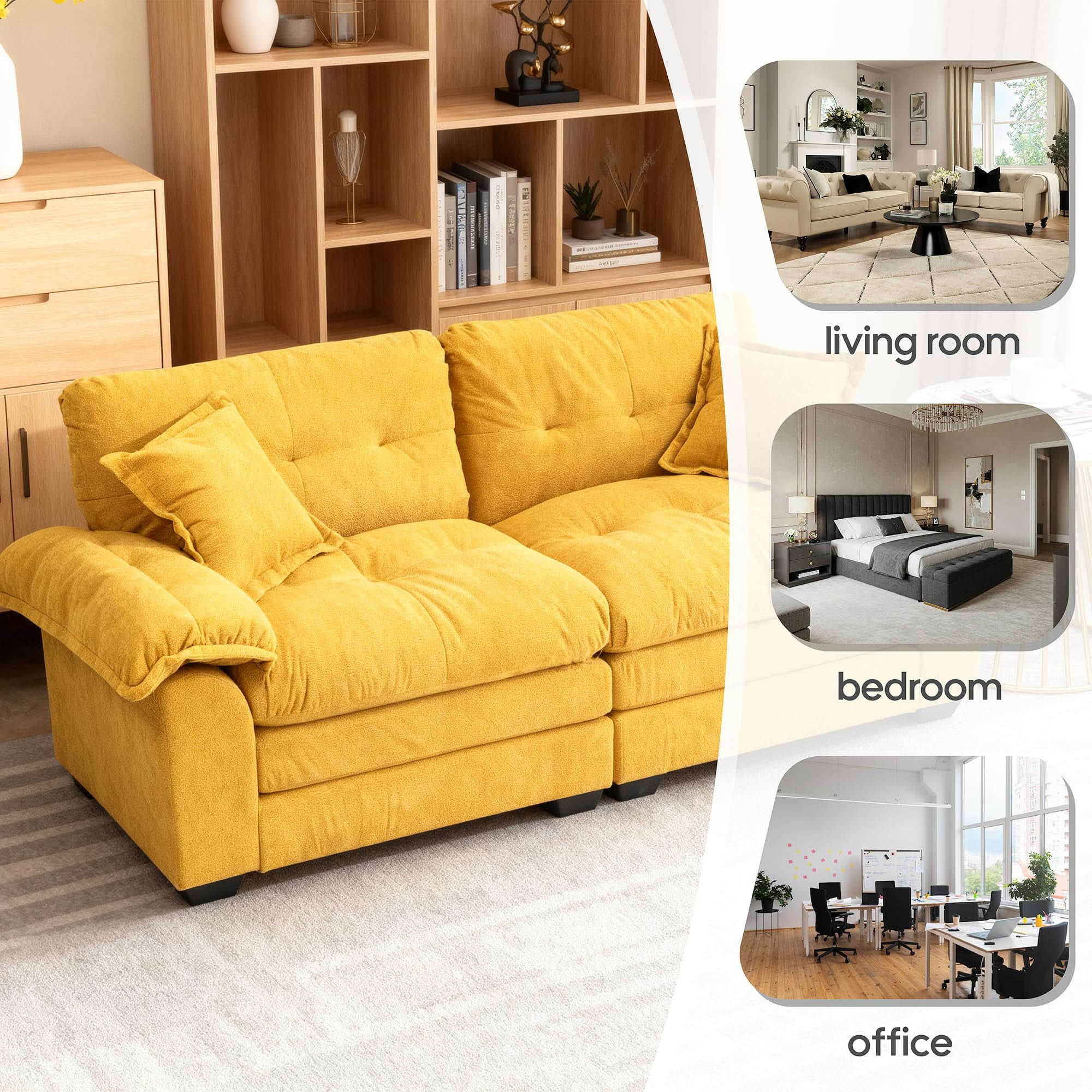 Modern 84" Chenille Loveseat Sofa, Ultra-Comfy Upholstered Couch with 2 Pillows for Apartment, Living Room, Bedroom, or Home Office​​ (Yellow)