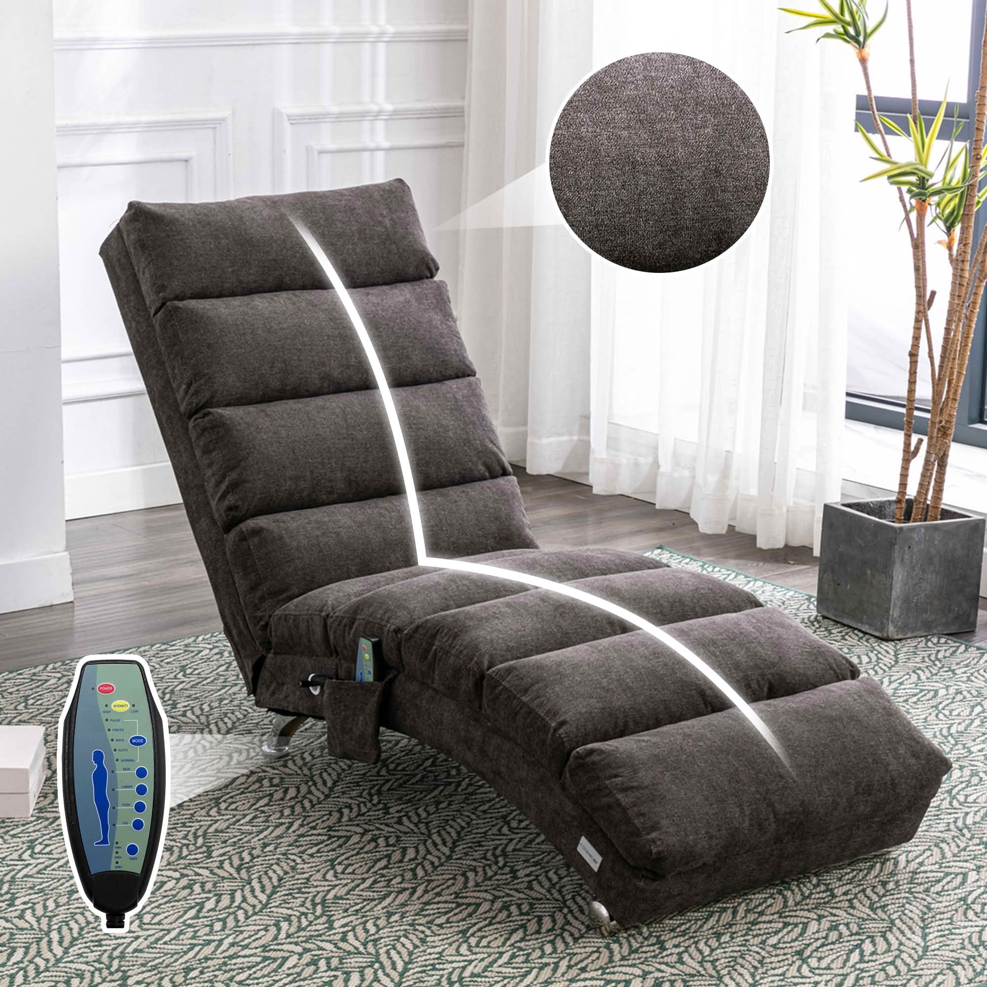 MAYEERTY Vibrating Upholstered Chaise Lounge Chair, Ergonomic Fixed Back Fabric Recliner Sofa with Side Pocket Remote Control for Living Room Bedroom