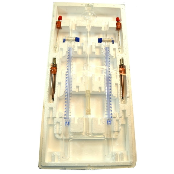 EISCO Hoffman Electrolysis Apparatus with PTFE Stopcocks - Hoffman Voltameter - Borosilicate Glass - Includes (2) Platinum Electrodes & (2) Carbon Electrodes