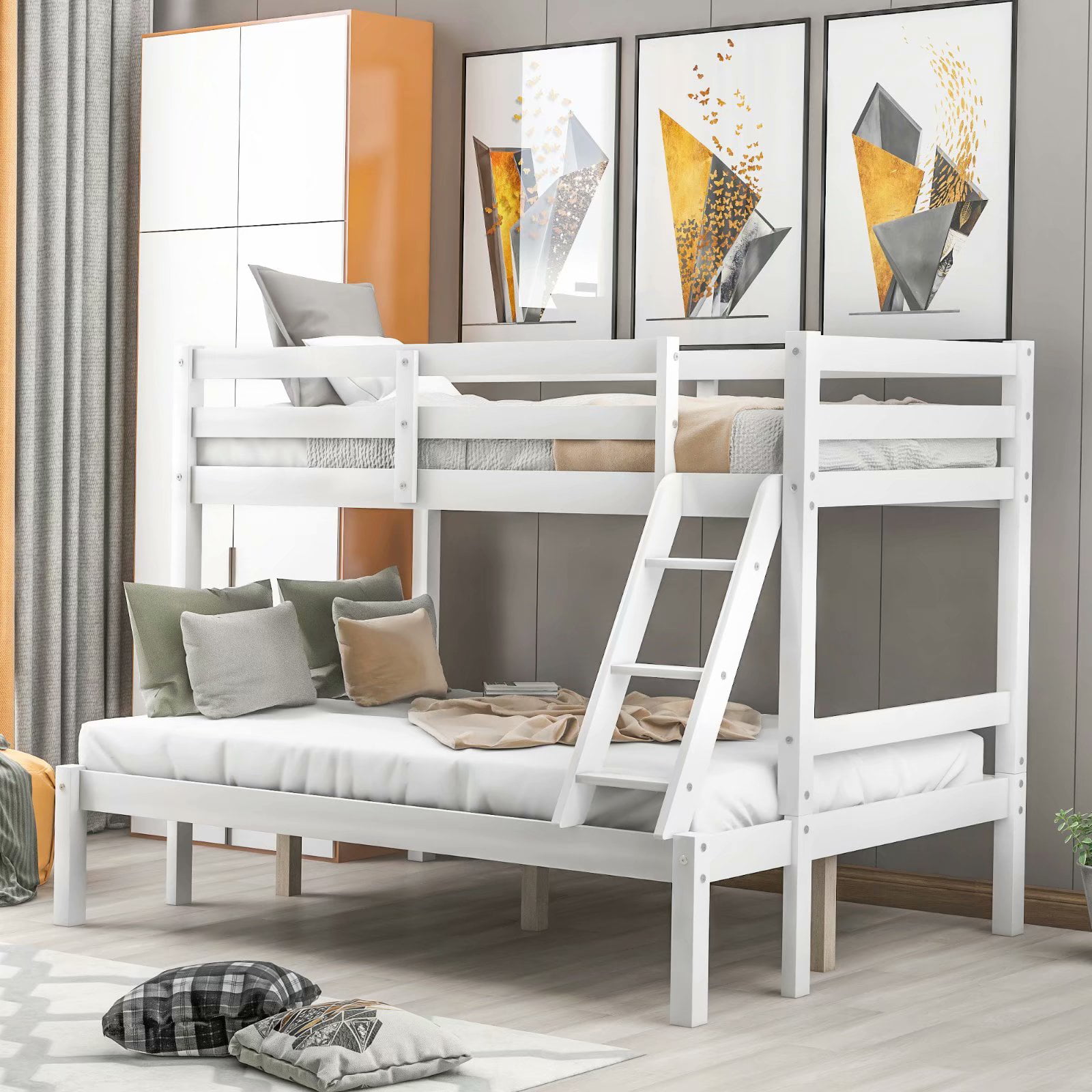 EVERKING Twin Over Full Wood Bunk Bed Frame with Ladder