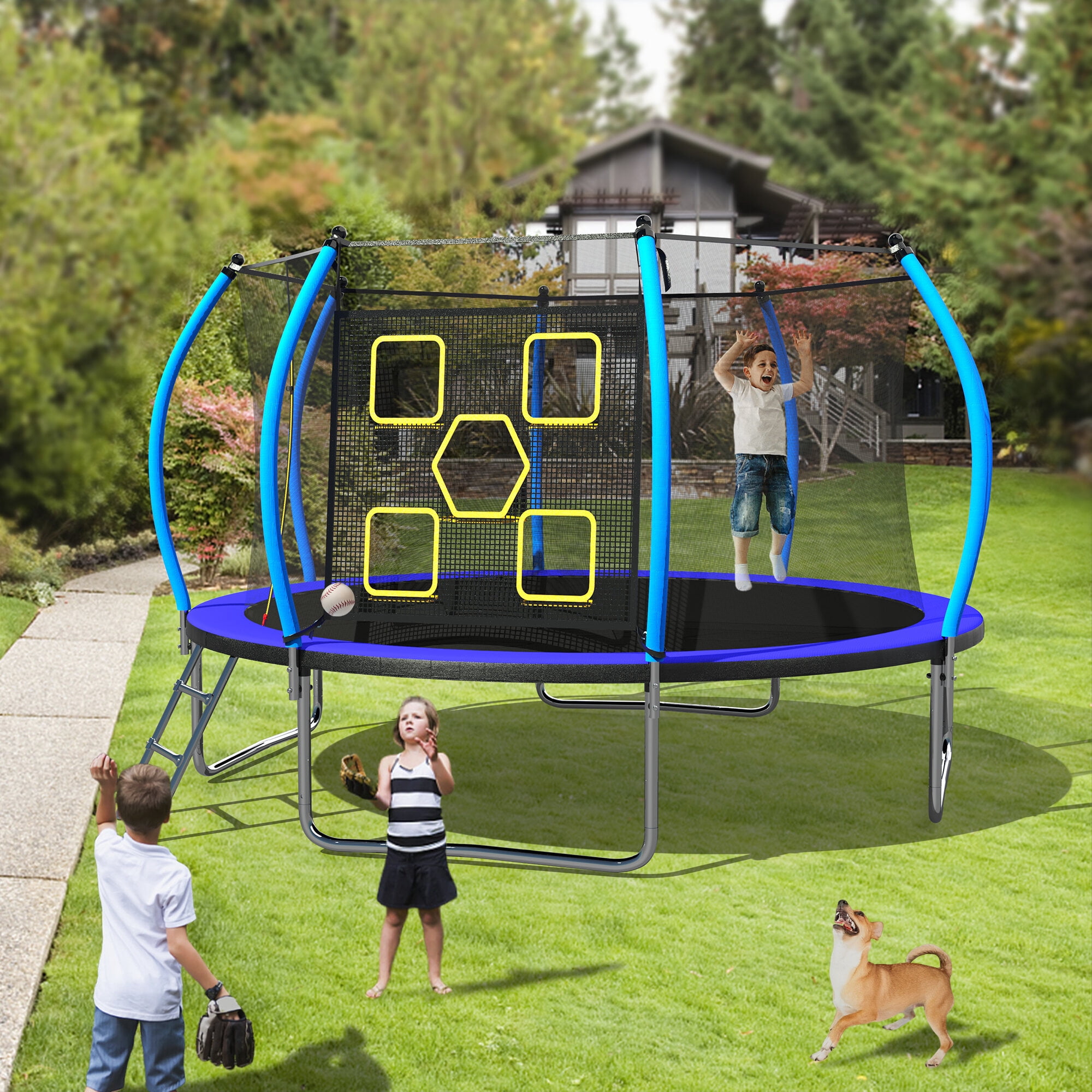Mini Trampoline, 12FT Trampoline with Enclosure - Recreational Trampolines with Ladder, ASTM Approval Outdoor Trampoline for Kids, Black+Blue Trampoline For Kids,Steel Fitness Trampoline