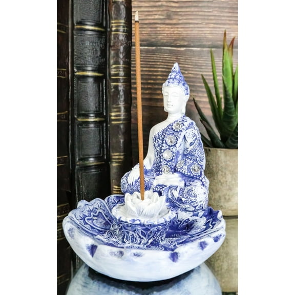 Ebros Meditating Buddha Incense Holder Burner in Terracotta Blue 4.25" High
