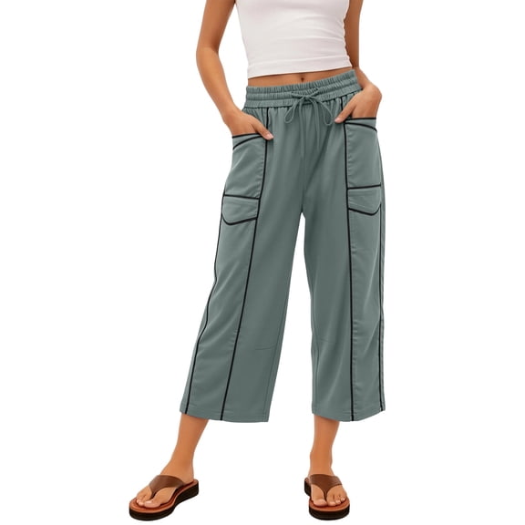 Riecok Womens Wide Leg Sweatpants with Pockets Elastic Waist Cropped Pant Pull on Pant Solid Loose Fit Fall Trouser Gray L