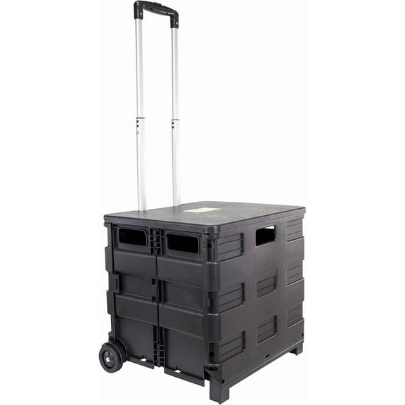 Quik Cart Collapsible Rolling Crate on Wheels for Teachers Tote Basket 80 Lbs Capacity, Made From Heavy Duty Plastic Used As A Seat, Black