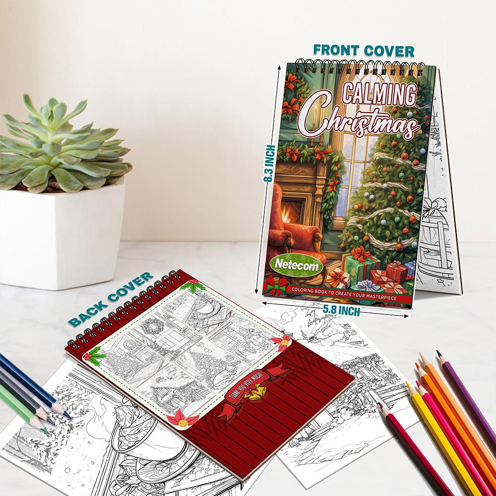 Netecom Calming Christmas Coloring Book Spiral Bound For Adults, A5 Wooden Cover, 30 Beautiful Coloring Pages of Tranquil Winter Scenes for Stress Relief and Relaxation