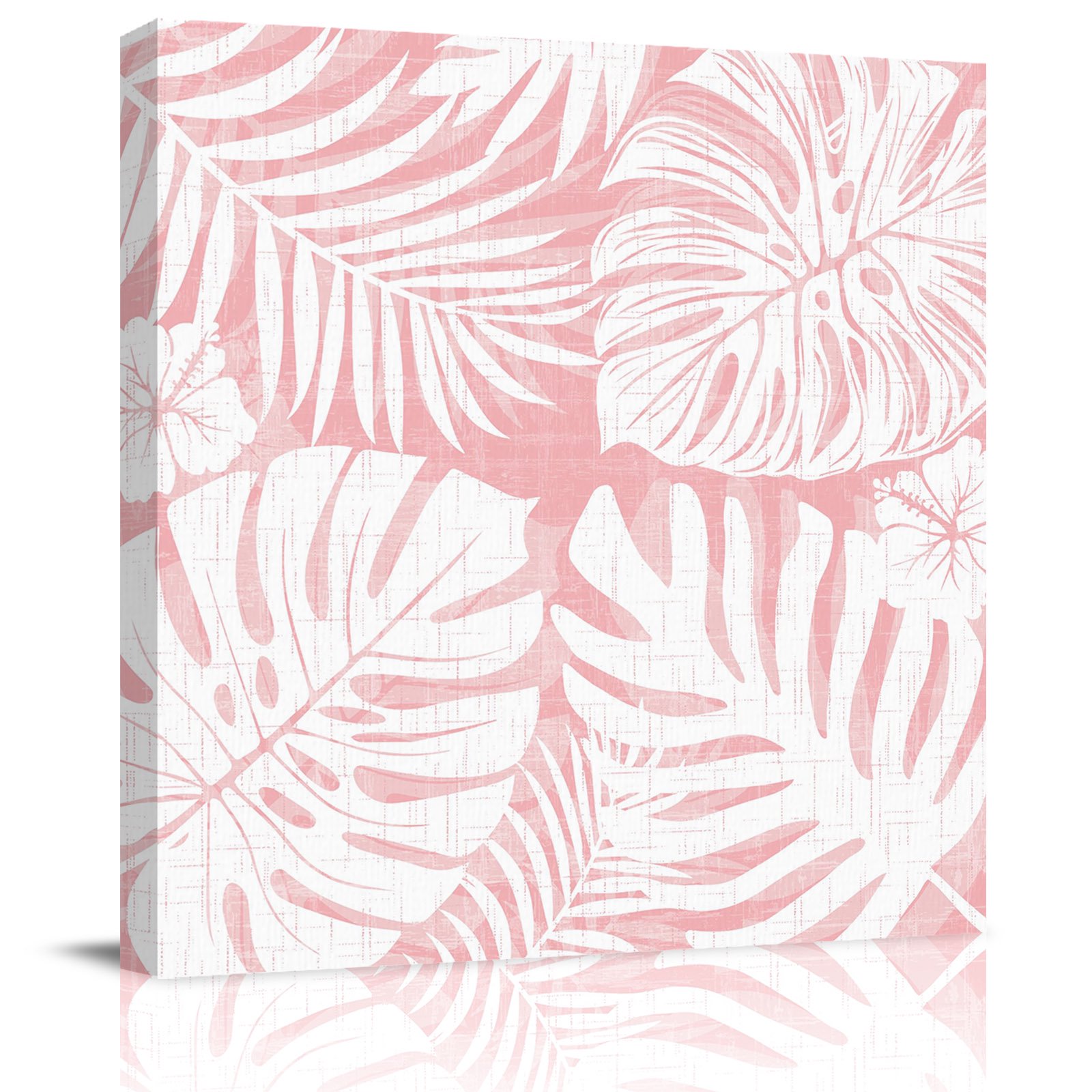Framed Canvas Wall Art for Living Room Pink Palm Leaves Wall Decor, Jungle Leaf Monstera Plant Aesthetic Paintings for Bedroom Office Kitchen Bathroom, Ready to Hang Artwork Wall Pictures 8x8 Inch