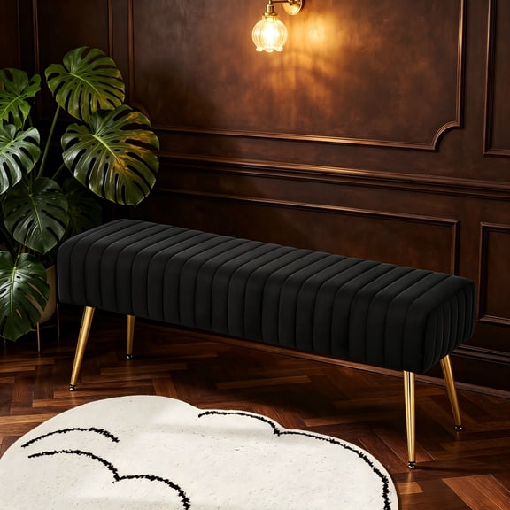 44 Inch Bedroom Ottoman Bench, Black Upholstered End of Bed Bench with Gold Legs for Living Room, Bedroom, Dining Room, Entryway, Black