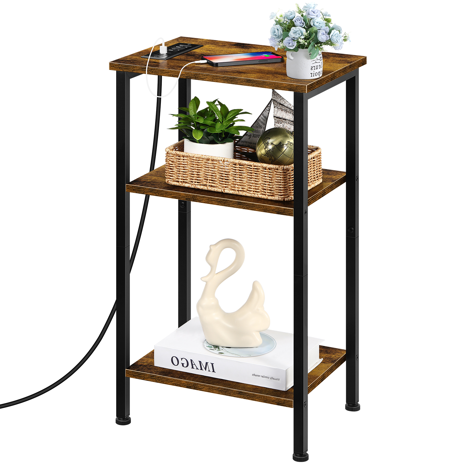 Industrial Nightstand with Charging Station, 3鈥慣ier Open Shelf End Table with 2 AC Outlets & 2 USB Ports, Single Pack