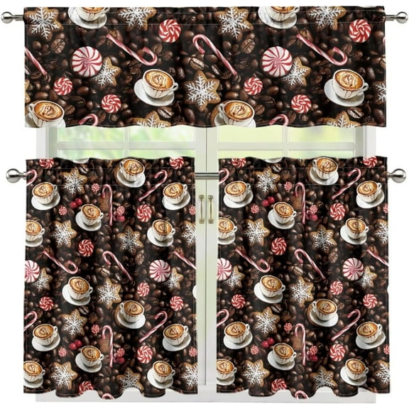Coffee and Cane Candy Kitchen Curtain Valance and Tiers Set of 3 Coffee Theme Farmhouse 24 Inch Length Tier Curtains Kitchen Decor Blackout Drape Window Curtain,Size M