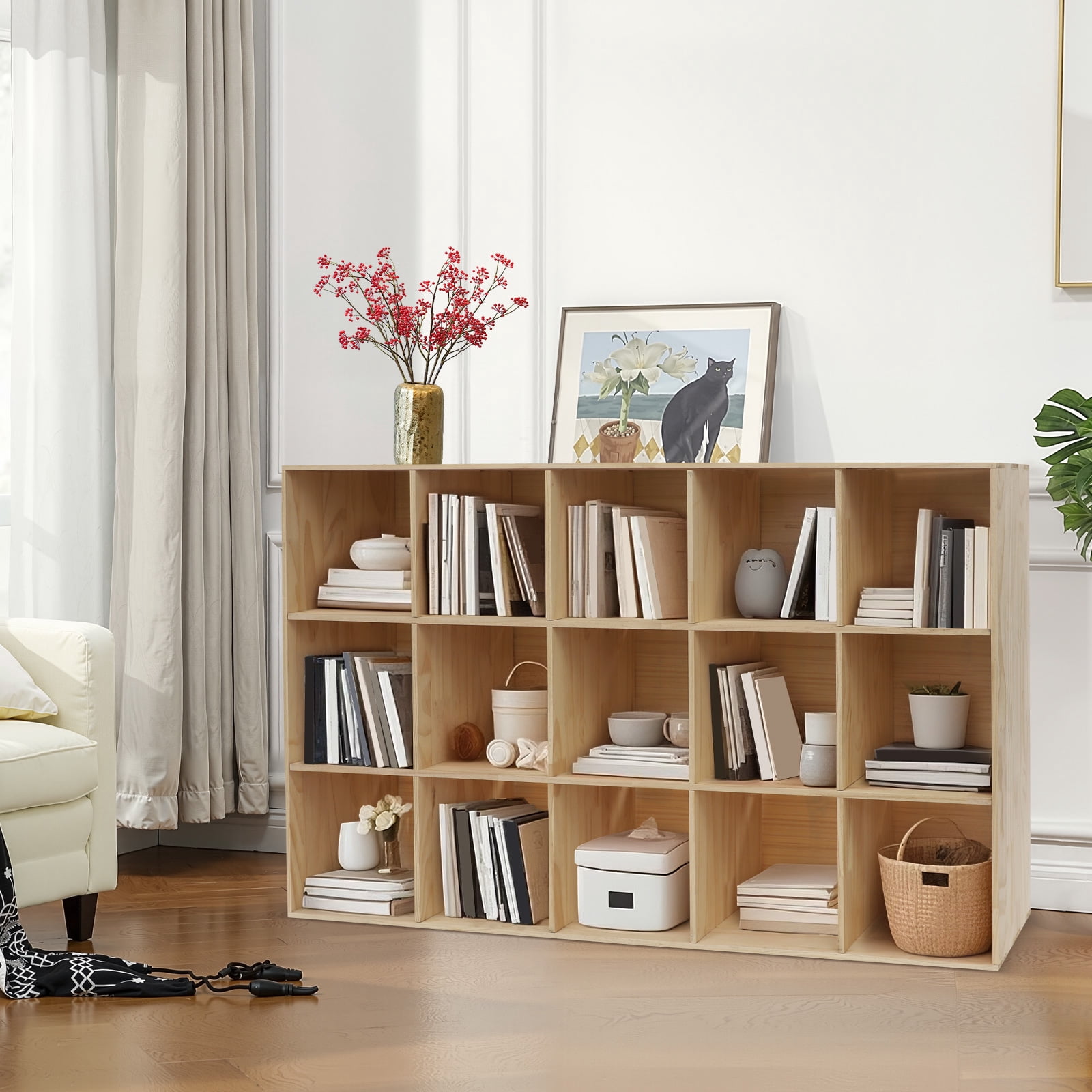 Modern Solid Wood Organizer, 59.06x11.81x35.43in 15-Cube Unit, Easy Assembly & Smooth Finish, Great for Dorms/Offices/Milk Tea Shops