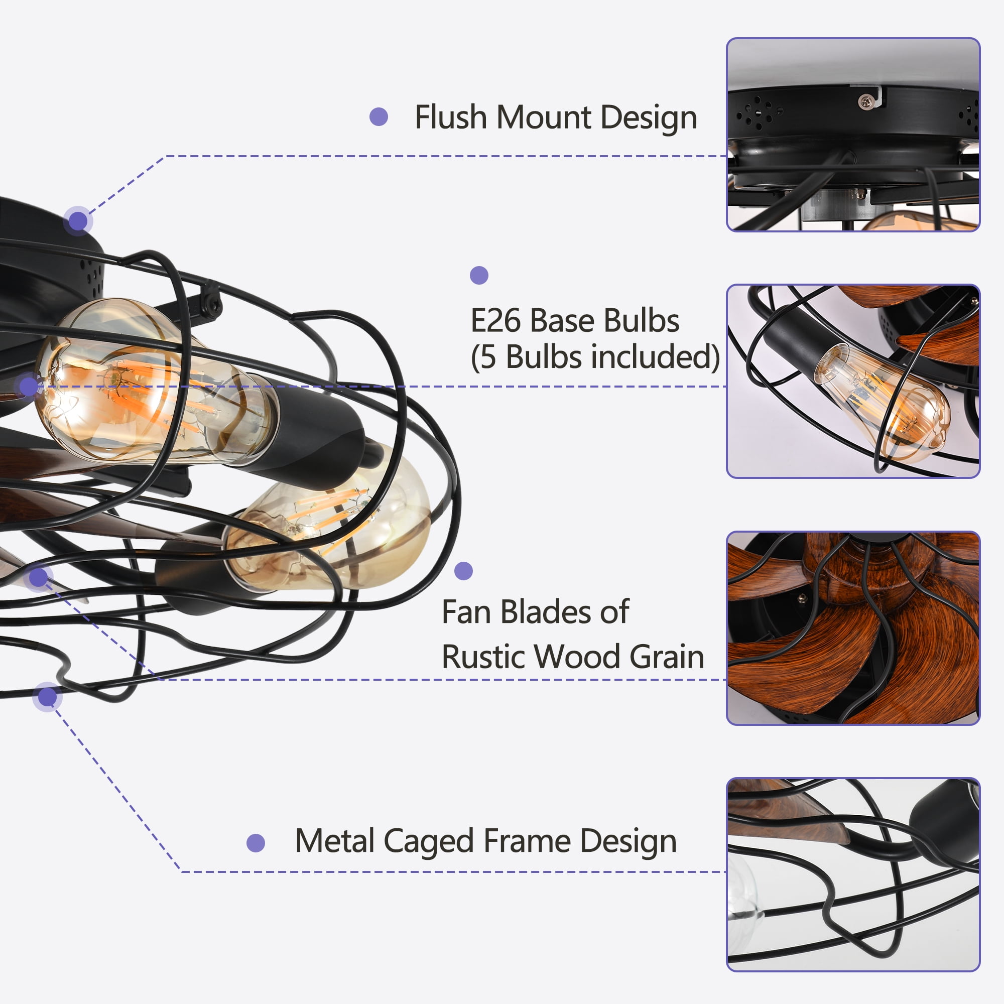 GCGAFUL 19.7 Inch Ceiling Fan with 5 Lights and Remote, Black Low Profile Flush Mount Caged Fan Light, Farmhouse Fan for Bedroom Kitchen