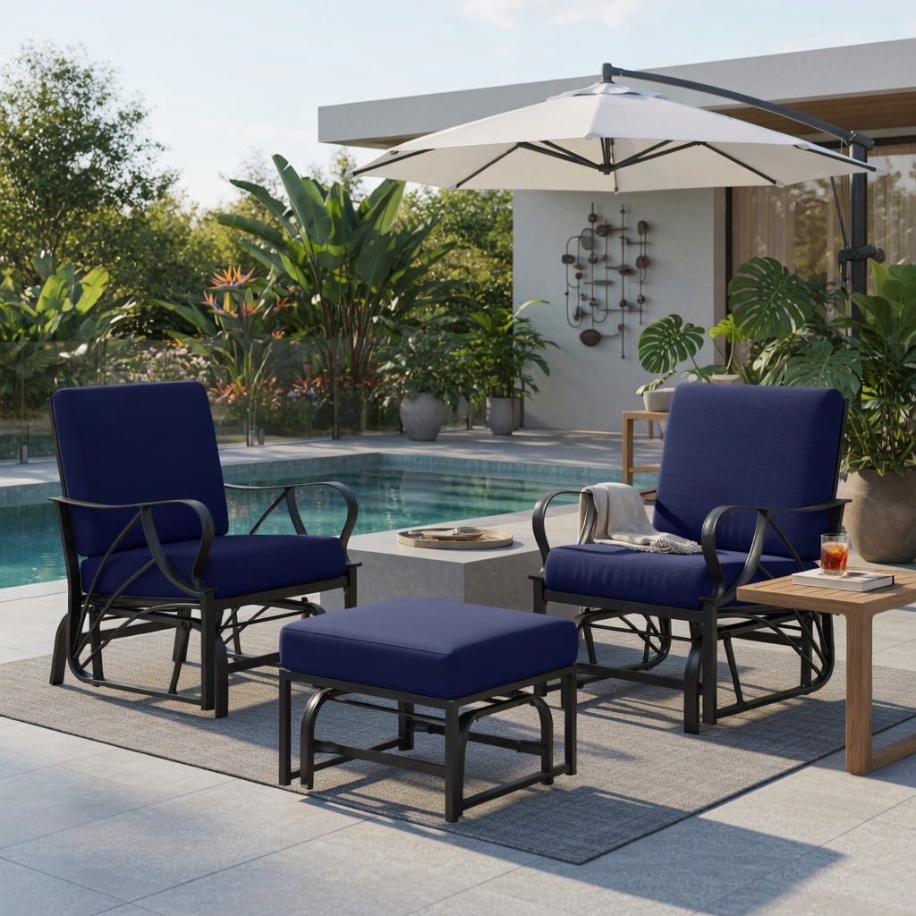 Hommoo Outdoor Glider Rocking Chair with Thick Cushioned Seat, Curved Armrests, Sturdy Metal Frame, Patio, Deck, or Porch Relaxation Chair, Navy