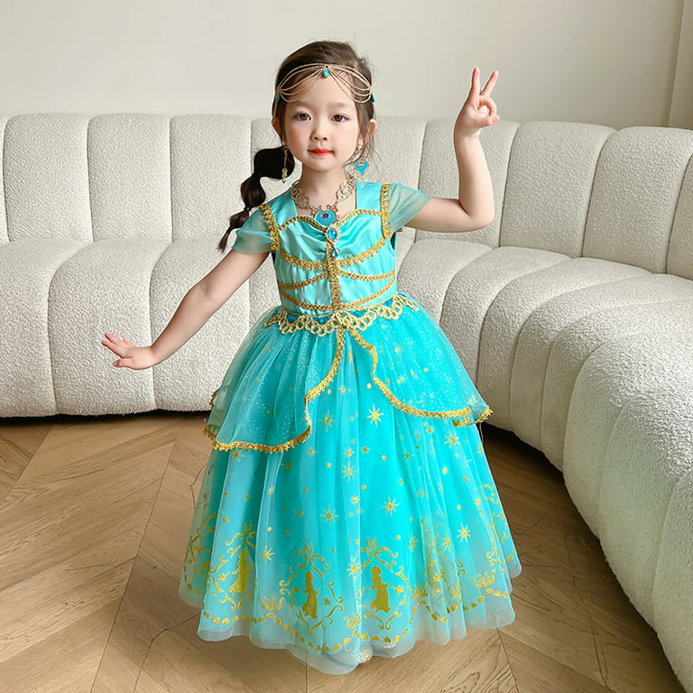 Cqdy Flower Girl Dress Princess Dresses Jasmine Costume for Girls Aladdin Blue Jasmine Dress Party Birthday Party Tulle Fancy Gowns, Infant Girl's