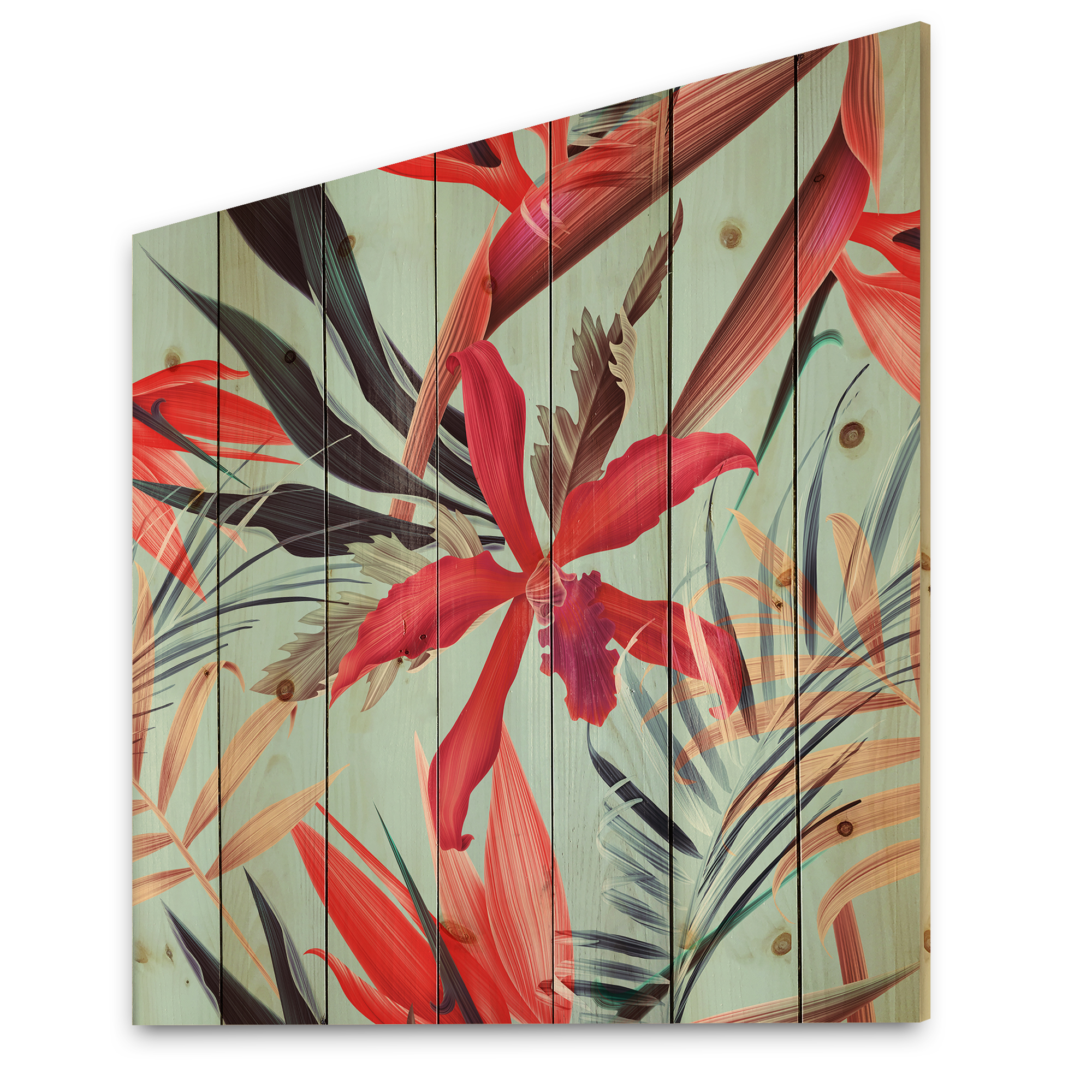 Designart 'VIntage Tropical Flowers IV' Traditional Print on Natural Pine Wood