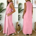 thumbnail image 4 of Hduncf Casual Dresses for Women Summer Sleeveless V Neck Cotton Linen Sundress Solid Color Collared Button Up Beach Maxi Dress Pink XXL, 4 of 5