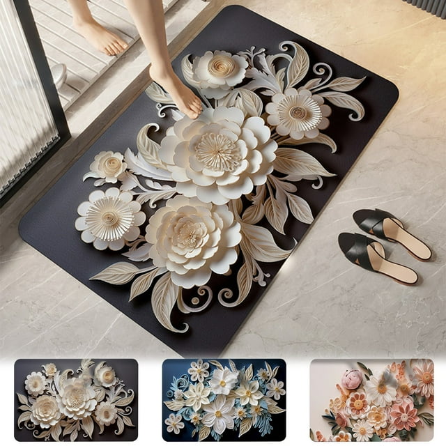 Sentmoon Rugs for Entryway Kitchen Rugs Diatomite Three-dimensional Flower Floor Mat Bathroom Non-slip Mat Quickdrying Soft Foot Mat Washable Foot Mat for Yoga, Pilates, Gym, Home Workout