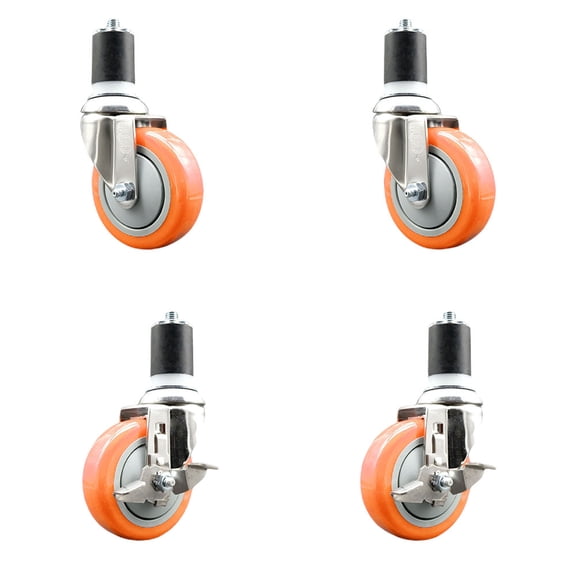 4 Inch 316SS Orange Poly Swivel 1-7/8 Inch Expanding Stem Caster Set 2 Brake SCC