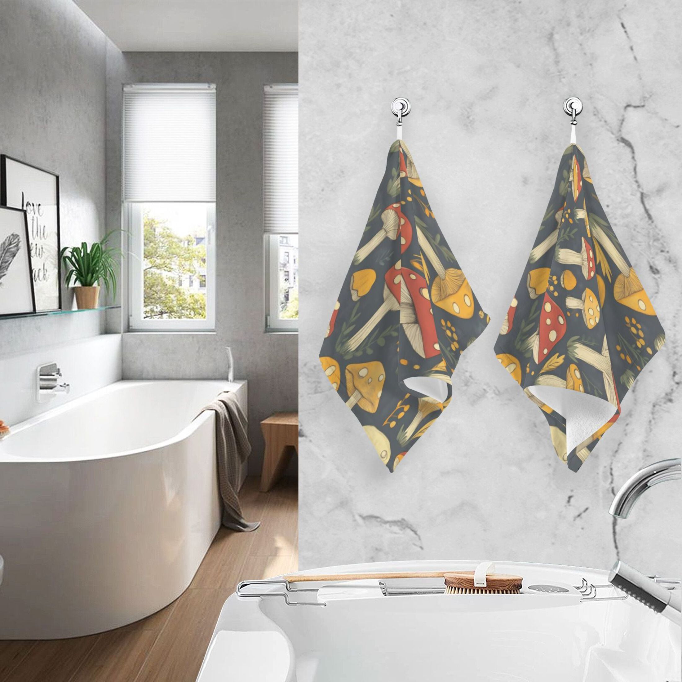 Cotton Towel Two-Piece 16x28 Inch One Sizex2 Face Towel Set Towel Set Cotton Hand Bath Towel Bathroom Beach Mushroom with Black Background