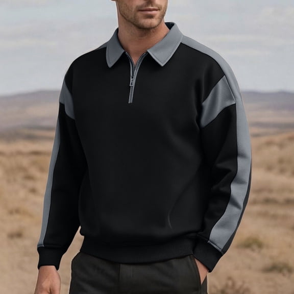 SYMOID Big & Tall Men's Half Zip Pullover - 100% Polyester Polo Collar Colorblock, Casual Layering, Black, Size 3XL