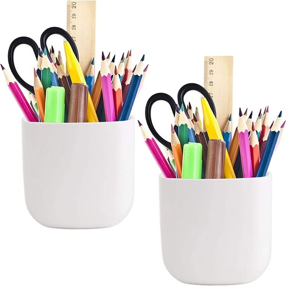 Pencil Holder - Self-Adhesive Wall Mount Pen Cup,Marker Pot,Writing Utensil Storage Organizer for Fridge,Locker,Whiteboard,home and office - White - 2Pcs/Set