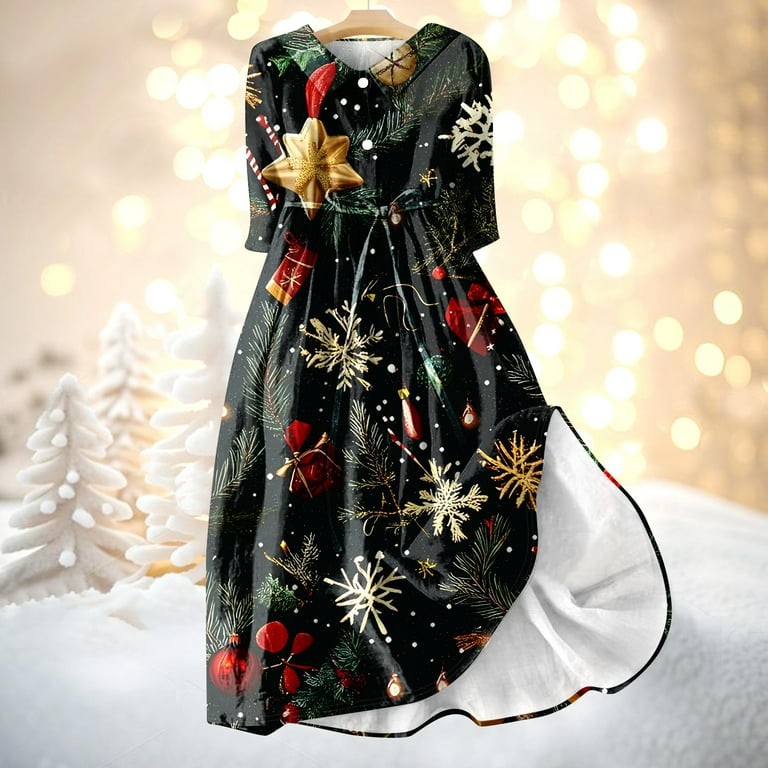 Christmas Dresses for Women Ladies Fashion Christmas Print Lapel  Button-Down Seven-Quarter Cuff Strap-Up Dress for Christmas Party,Green,3XL  - Walmart.com