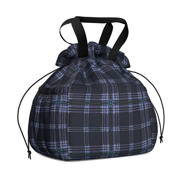 Blue and Green Checkered Pattern Drawstring Insulated Lunch Bag for Women, Stain-Resistant Large Lunch Tote with Multi-Pockets for Work Office