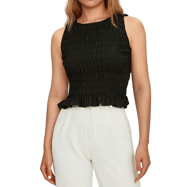 Nituyy Débardeurs Unis pour Femmes, Mode Sans Manches Col Rond Ourlet à Volants Tops Smockés