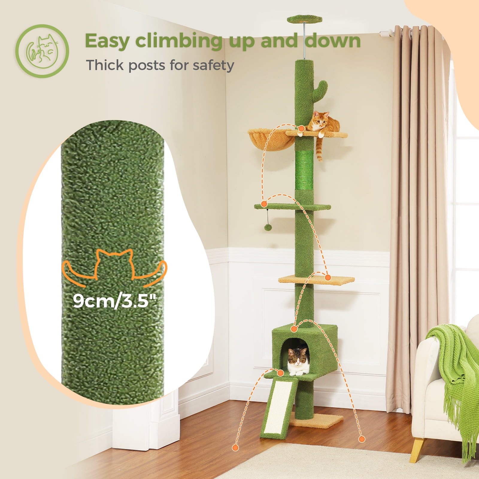 Pefilos 5 Tiers Cactus Cat Tree Floor to Ceiling, Adjustable Height (83"-108") Climbing Cat Tower for Indoor Cats with Condo, Scratching Post, Green