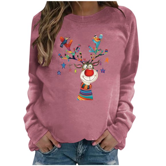 lcziwo Sweatshirt for Women Retro Xmas Elk Print Pullover 2024 Fall Winter Oversized Christmas Sweatshirts Loose Fit Round Neck Pullovers Pink,XXL