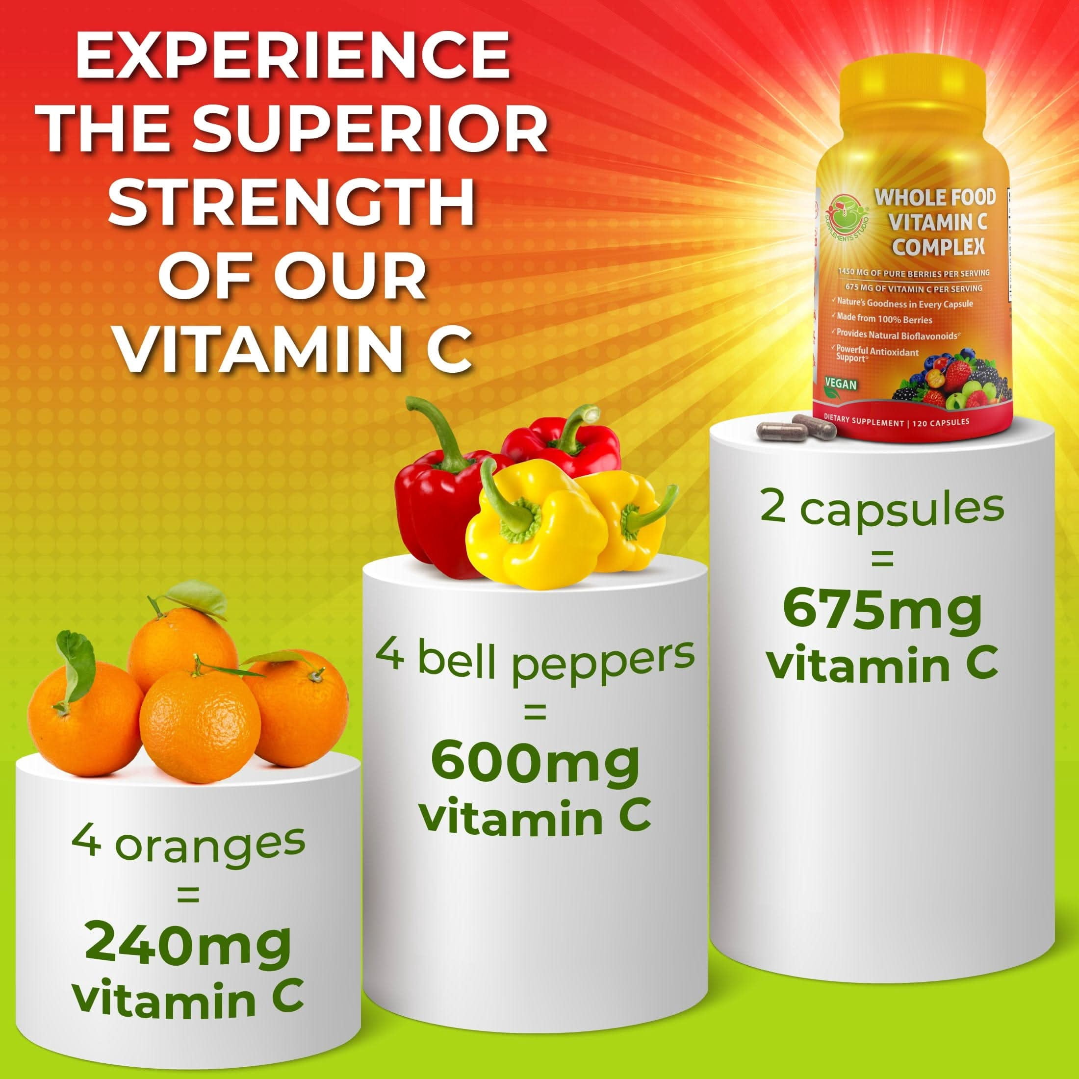 Whole Food Vitamin C Complex - 1450mg Organic Berries - 675 mg Vitamin C per Serving, High-Potency Antioxidant & Immune Support with Acerola, Amla and Natural Bioflavonoids - Vegan, Non-GMO, 120 Ct