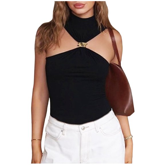 Women Halter Neck Pleated Twist Front Tank Tops Trendy Slim Fit Sleeveless Hollow Out Halter Top Clubwear Black XL