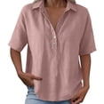 thumbnail image 6 of Dweltoz Tops for Women Collared Button Down Short Sleeve Breathable Casual Athletic Tops V Neck Solid Golf Collared Shirt,Light pink XL, 6 of 7