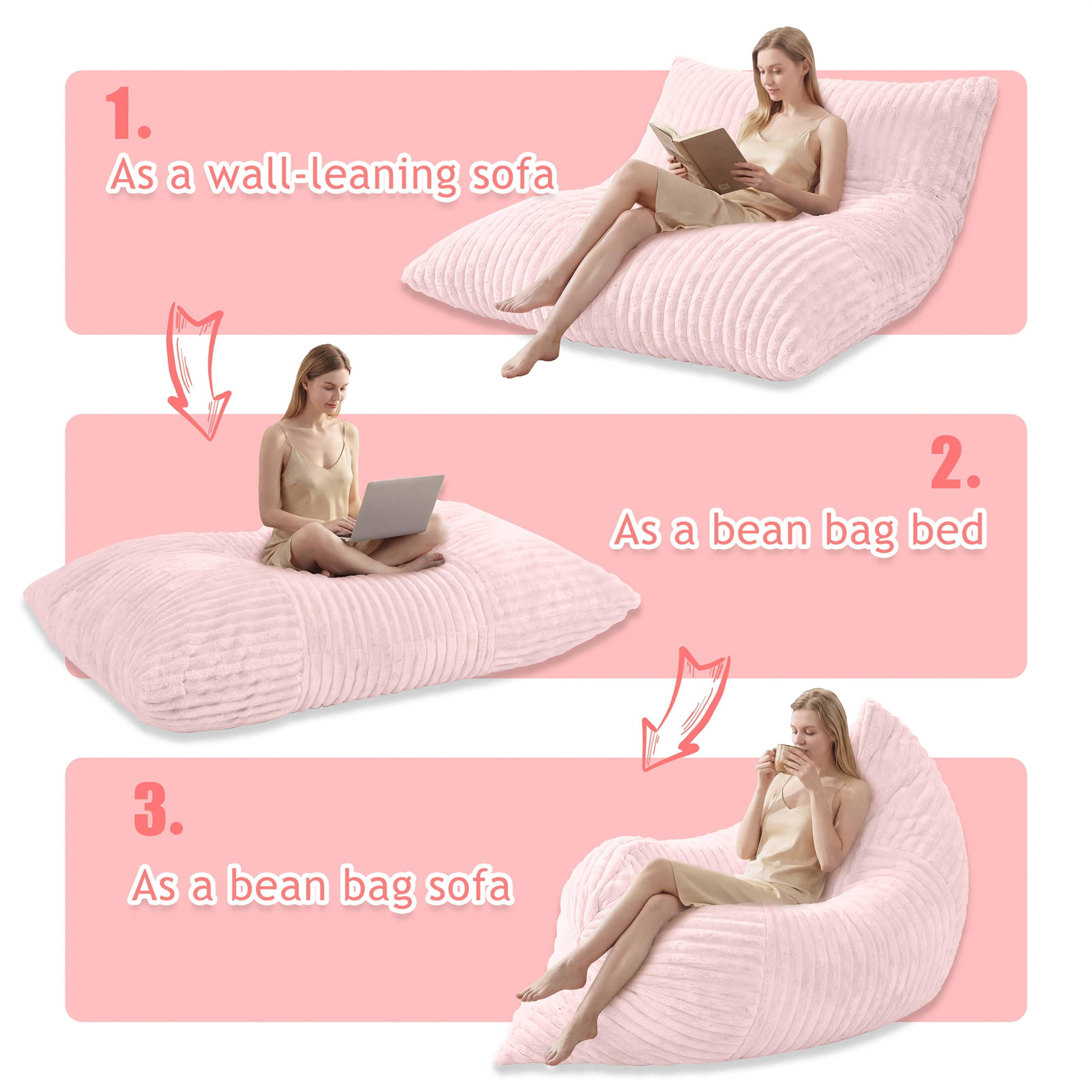 76" Oversized Convertible Bean Bag Sofa Bed with Washable Cover, Folding Memory Foam Reading Chair for Adults, Comfortable Reclining Floor Couch for Living Room and Movie Nights