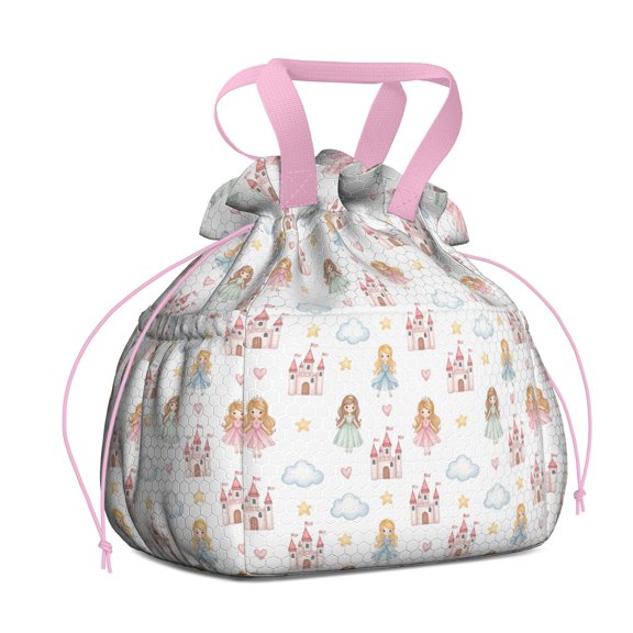 White Princess Castle Pattern Drawstring Lunch Bag Women - Drawstring Lunch Bag Insulated for Work Office - Stain-Resistant Large Lunchbags for Women with Multi-Pockets