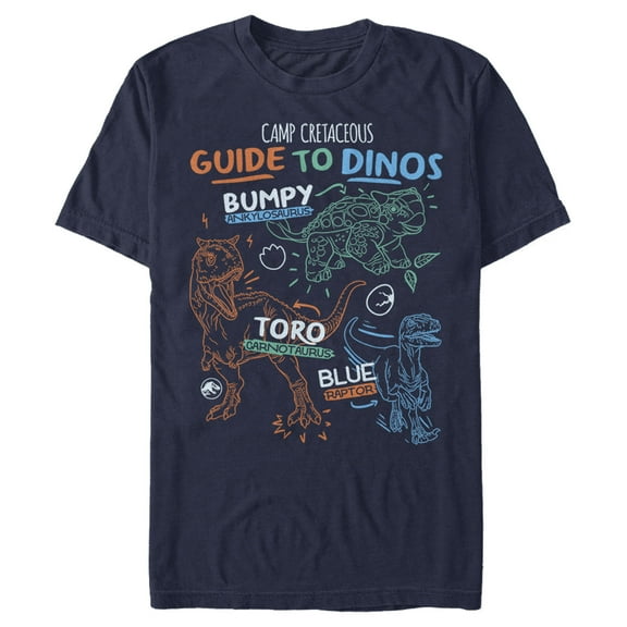 Men's Jurassic World: Camp Cretaceous Guide to Dinos Graphic Tee Navy Blue Small