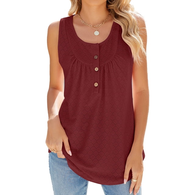 AherBiu Womens Sleeveless Tank Tops Crewneck Loose Fitting Lightweight T Shirt Tops Basic Button Tanks