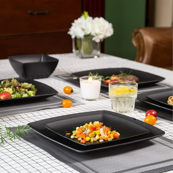 Melamine 12pcs Classic Square Dinnerware Set, Concise Plates and Bowls Set, Service for 4, Dishwasher Safe Black