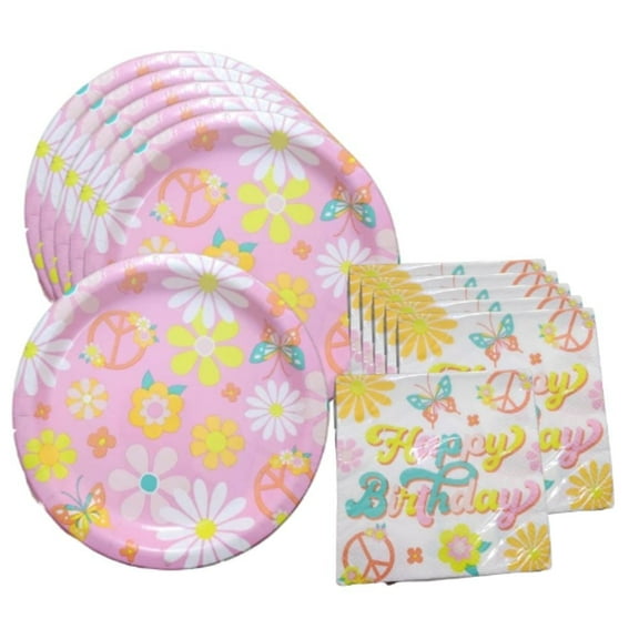 Groovy Floral Birthday Party Set – 9" Pink Daisy Paper Plates & Happy Birthday Napkins, 8 Plates & 16 Napkins, Butterfly Theme