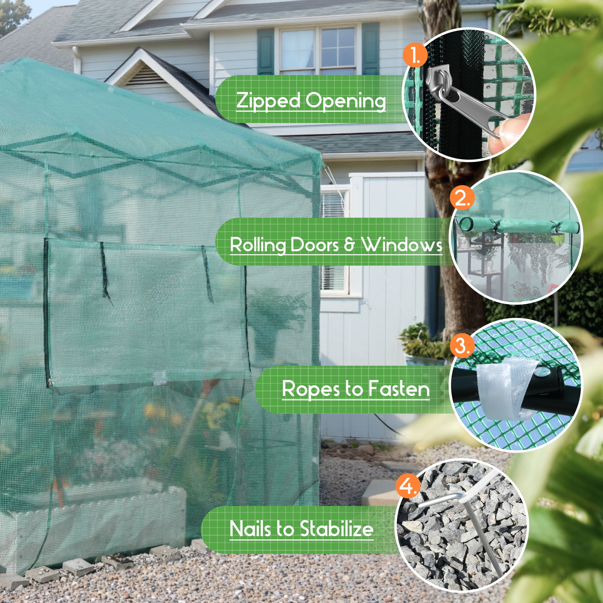 Vineego 8*6 Ft Portable Pop-Up Walk-in Greenhouse with Central Lock Windproof PE Cover, Double-Layer Windows, for Garden and Backyard, Green