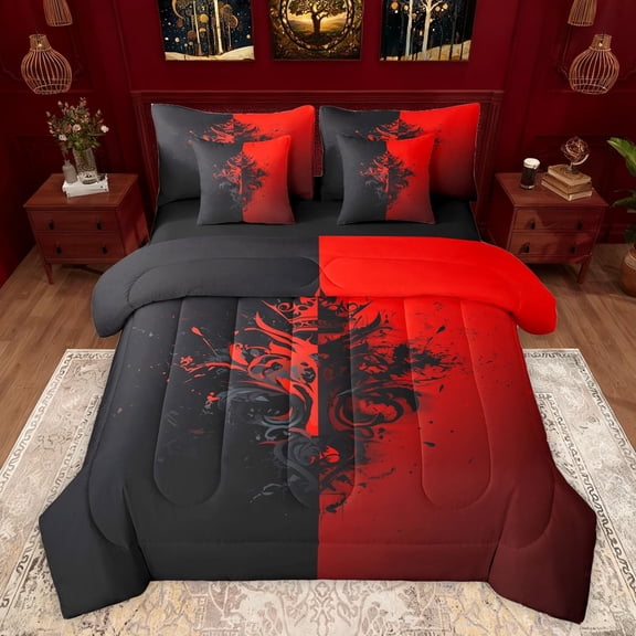 Feelyou Retro Gothic Graphic Bedding Comforter Set 7pcs, Vintage Goth Graffiti King Bedding Sets, Black Red Reversible Bed Sheets, Luxury Bedroom Decor