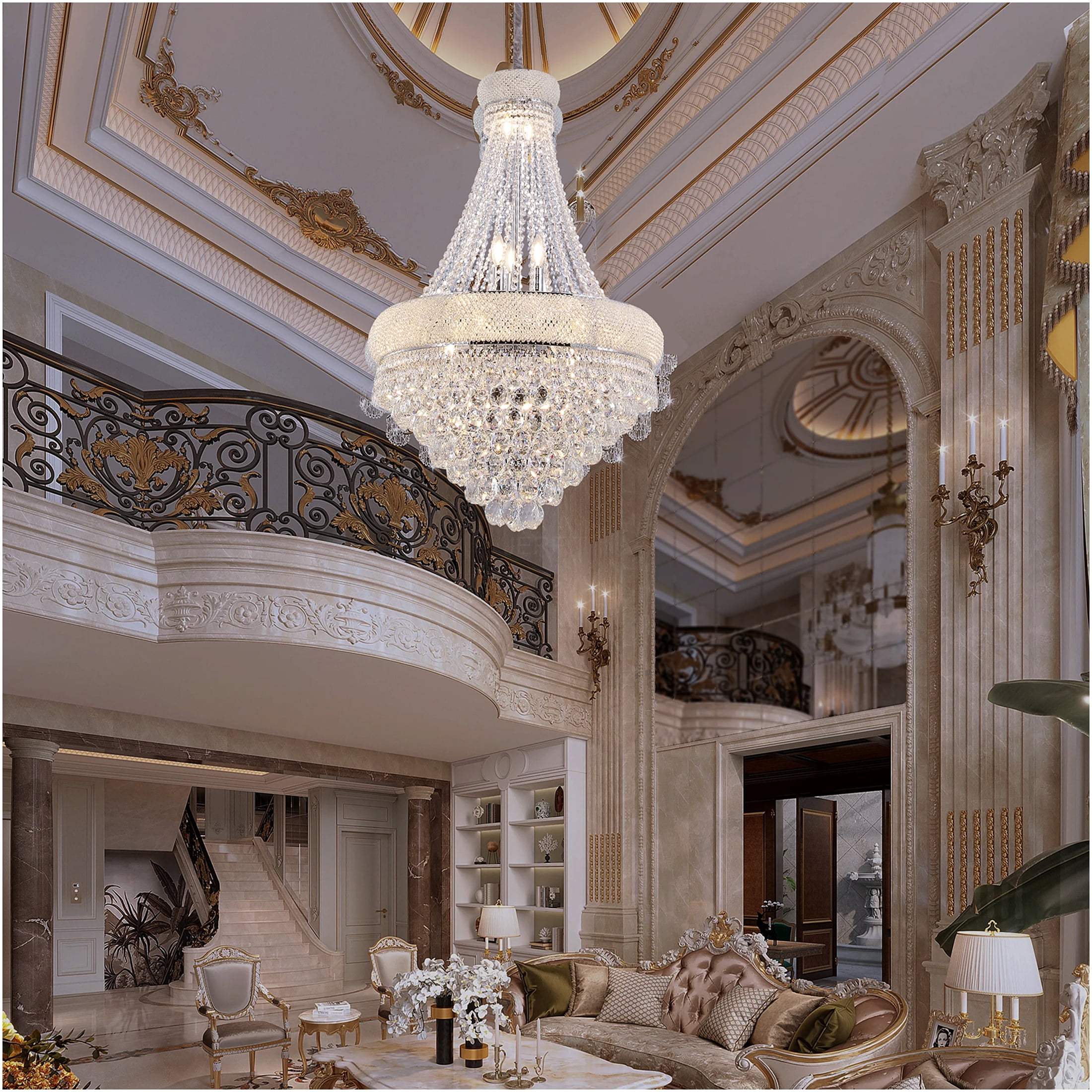 JERFIT 14-Light Crystal Chandelier for Dining Room, Silver Empire Ceiling Light Fixture with K9 Crystals for Living Room, Hallway
